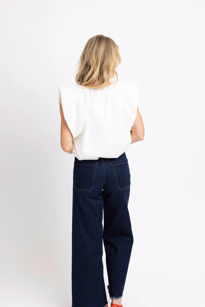 White Poplin V-Neck Bubble Top