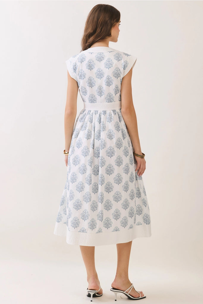 Blue Floral Print Front Zipper Midi Dress