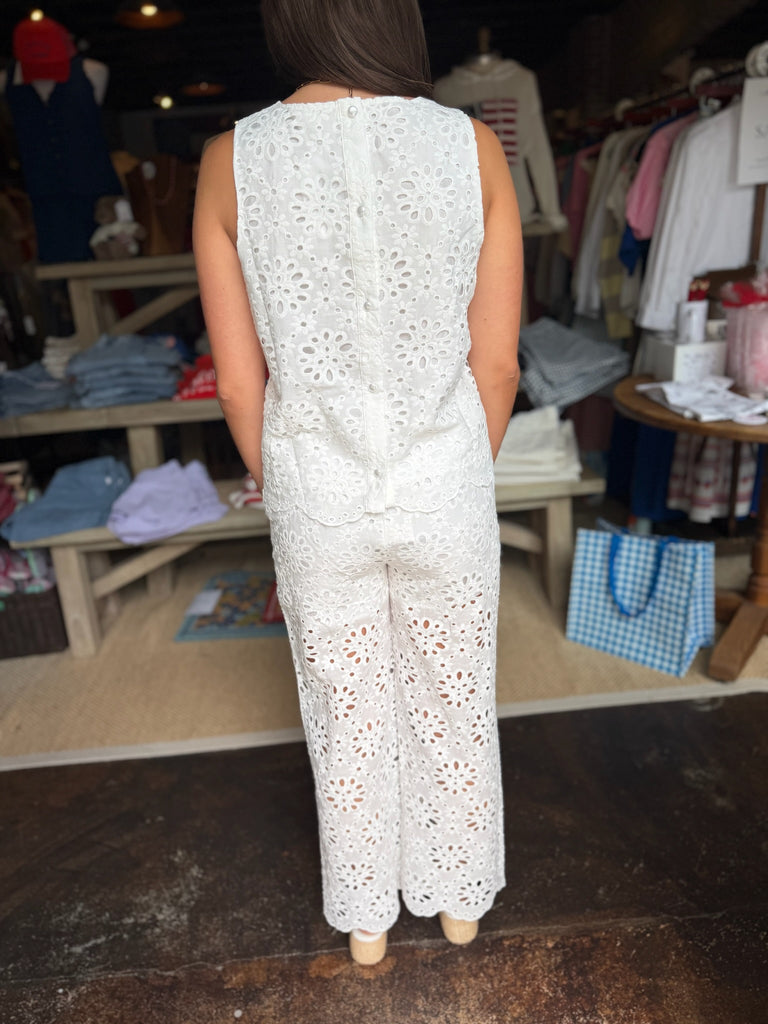 White Floral Eyelet Wide Leg Pant
