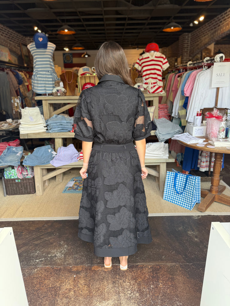 Black Floral Mesh Crochet Midi Dress