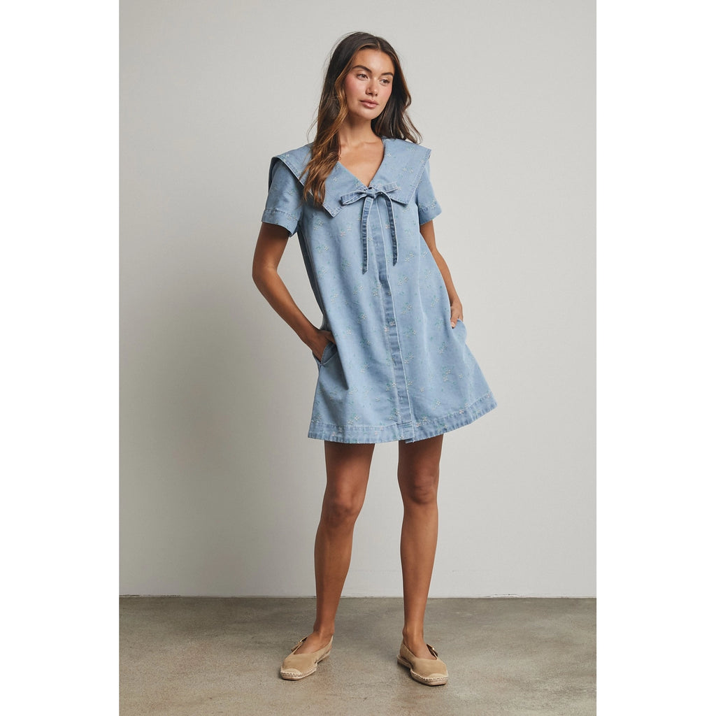 FINAL SALE - Denim Floral Peter Pan Collar Mini Dress