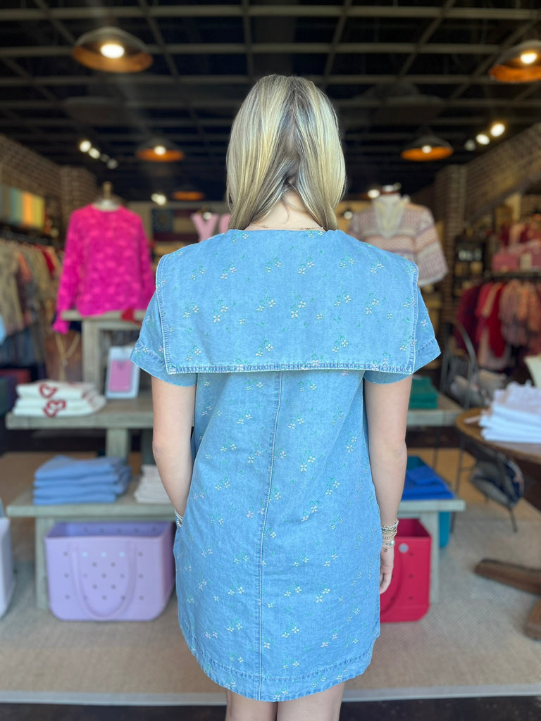 FINAL SALE - Denim Floral Peter Pan Collar Mini Dress
